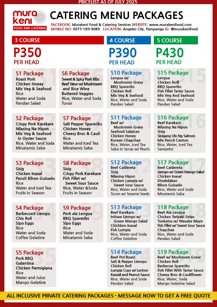 Murakeni Food and Catering Packages Pricelist 3, 4, 5 course