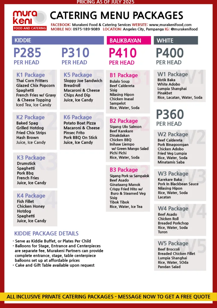 Murakeni Food and Catering Packages Pricelist special packages