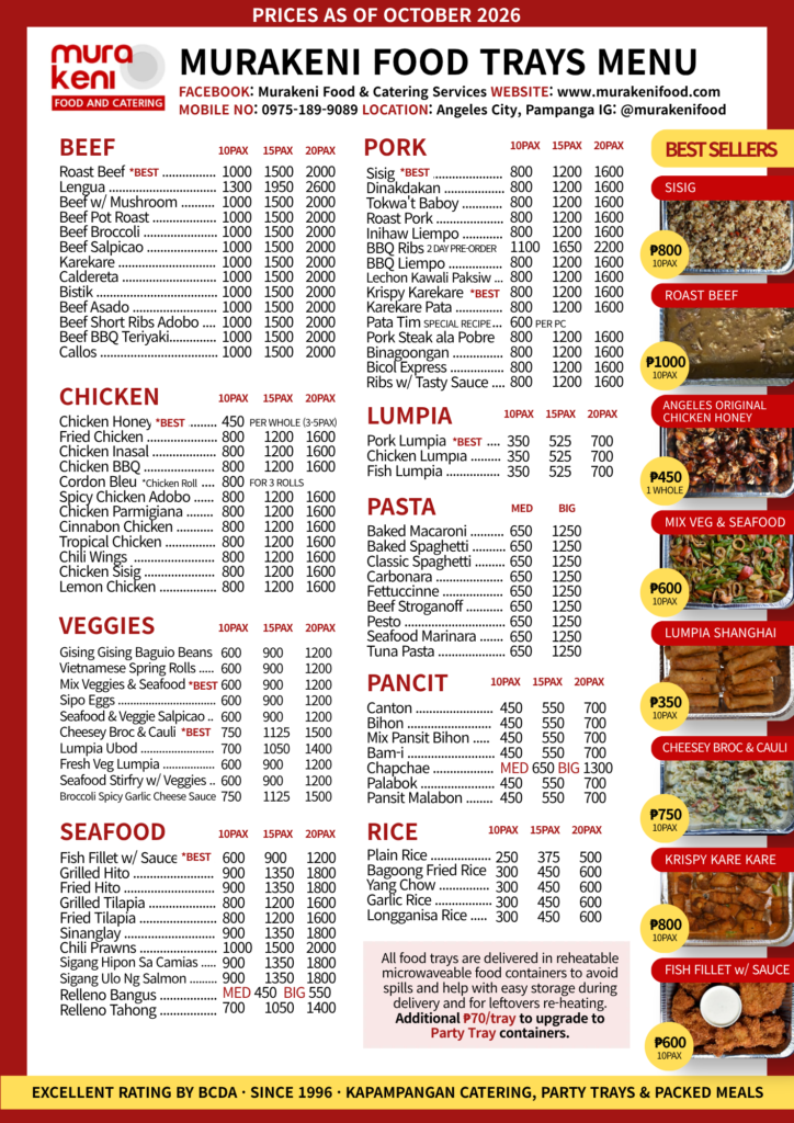 Food Trays Pricelist and Menu by Murakeni Food